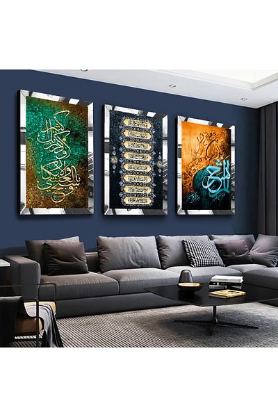 Zevahir Mobilya Dekorasyon Set de pictură din MDF triplu argintiu cu verset religios cu cadru din plexiglas cu oglindă argintie