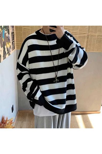 Touz Moda Unisex Oversize Streetwear Sweater - Black and White Striped
