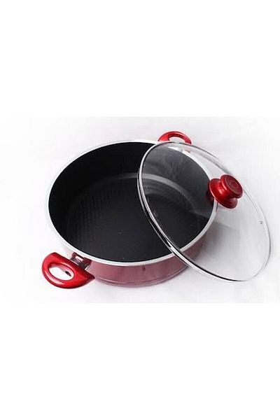 EVİNDA 30 Cm Glass Lid Double Handle Teflon Pot Rice Pot Carnivore Pot Combed Pot