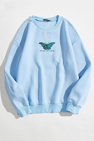 MODAGEN Hanorac oversize, unisex, cu imprimeu cu fluturi, cu decolteu, albastru