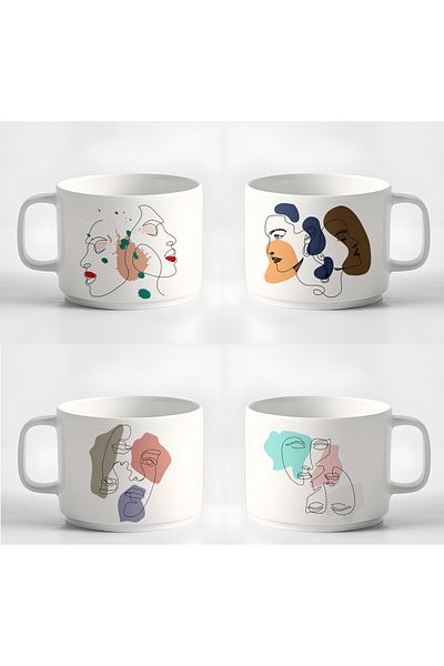 GünayStore Double Turkish Coffee Cup & Espresso Minimal Linear Women's 4-Piece Cup Set Mug 180 Ml