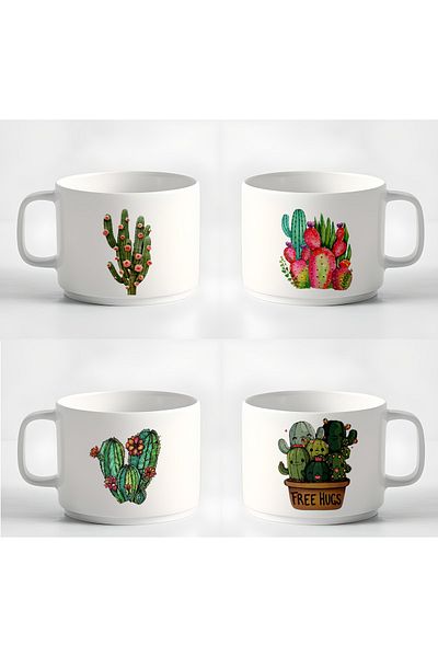 GünayStore Double Turkish Coffee Cup & Espresso Cactus 4-Piece Cup Set Mug 180 Ml
