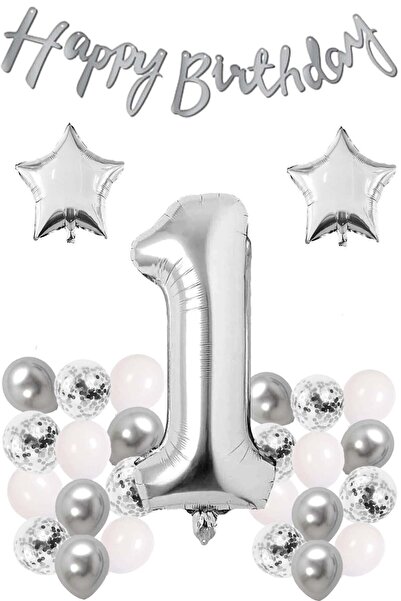 Genel Markalar Gümüş Konsept Doğum Günü Kutlama Seti Beyaz Gümüş Konfetili Ba...