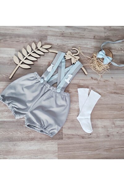 Feriatolye Patron Bebek Salopet Doğum Günü Kıyafeti Gri Mavi Salopet