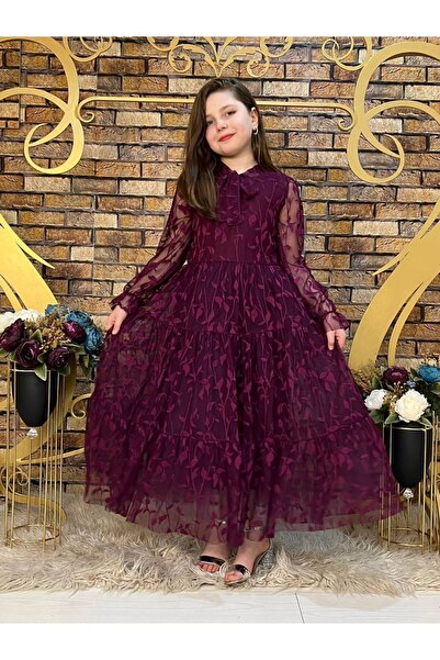 Pumpido Kız Çocuk Dantel Yaprak Model Uzun Elbise Mürdüm