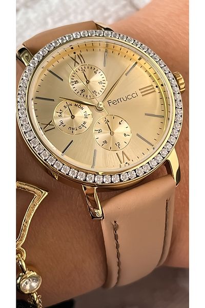 Ferrucci Leather Strap Brown Waterproof, Guaranteed, Women's Wristwatch+bracelet