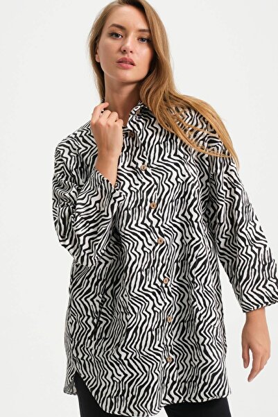 diaves Kadın Düğme Kapama Cep Detay Zebra Desen Gömlek Ceket