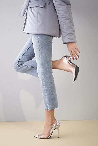 AYAKKABI PRENSİ Cenzio Transparent Detailed Stiletto Silver 10 Cm Stiletto pentru femei, pantofi cu toc înalt