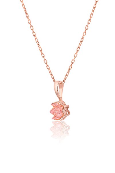 Zanaatsilver 925 Ayar Gümüş Zincirli Rose Altın Kaplamalı Lotus Çiçeği Kolye