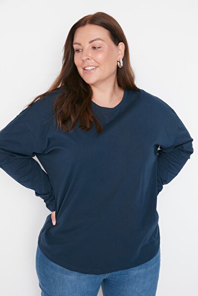 Trendyol Curve Tričko Crew Neck Navy Blue Čierne bavlnené tričko - TBBAW23BF00005