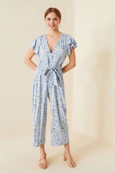 Hanna's by Hanna Darsa بذلة نسائية محبوكة ذات أرجل واسعة باللون الأزرق على شكل حرف V