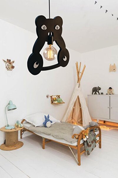 UTKU TASARIM Panda Ahşap Çocuk Bebek Odası Avize Dekoratif Sarkıt Ahşap Lüks Rustik Modern Dekoratif Lamba