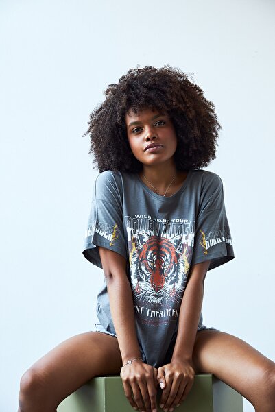 THIMOON Women's Gray Tiger Printed Oversize T-shirt