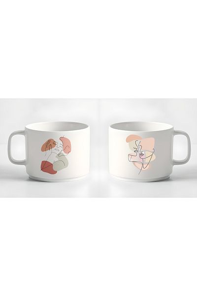 GünayStore Double Turkish Coffee Cup & Espresso Minimal Linear Women's 2-Piece Cup Set Mug 180 Ml