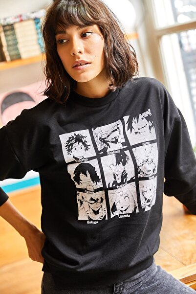 Olalook Women's Black Manga Character Skirt Slit Oversize Sweatshirt SWT-19000564