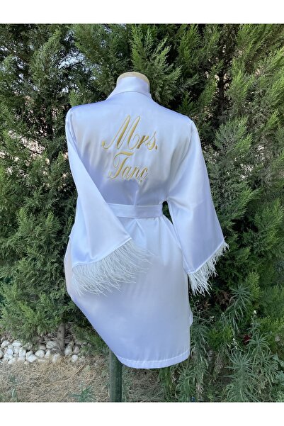 Before To Be Bride Kişiye Özel Kolu Deve Kuşu Tüylü Sabahlık