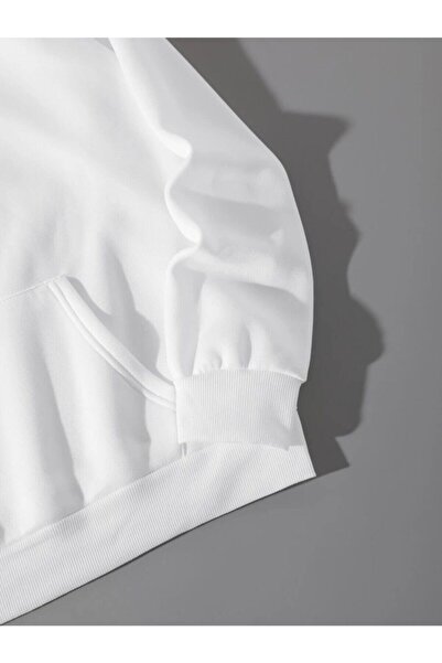 trendgar Λευκή κουκούλα Unisex Oversize φούτερ - 3 κλωστές