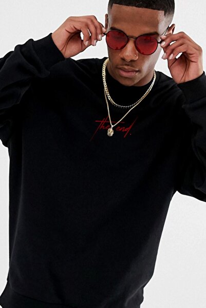 trendgar D Oversize Kırmızı The End Baskılı Siyah Sweatshirt