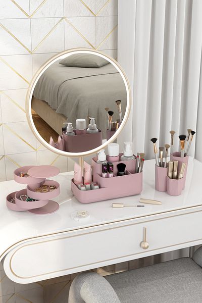 DOVİHOME Makeup Organizer and Cosmetics Storage Box Organizer Set of 3 Dusty Rose