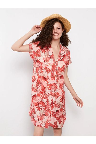 LC Waikiki Gemustertes Kurzarm-Strandkleid aus Viskose mit Hemdkragen für Damen