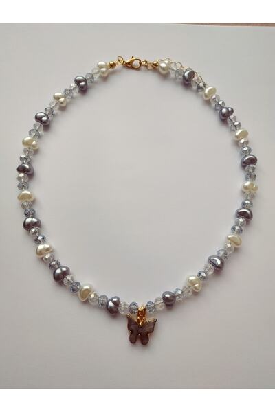 Nuvole Bianche Accessory Gri Kelebekli Kristal Boncuklu Barok Inci Kolye