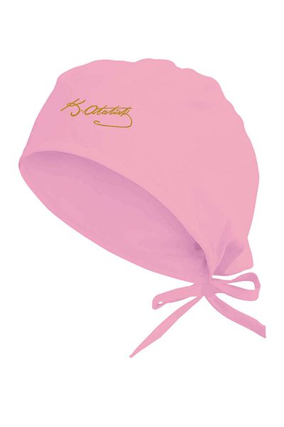 Tasarım Trend Gold Yellow Crescent & K.ataturk Signature Printed Surgical Cap Pink