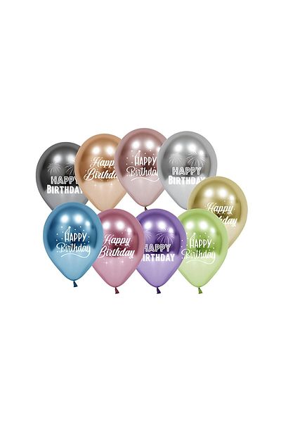 DÜVENCİ TİCARET Happy Birthday Printed Mixed Chrome Balloon 10 Pcs