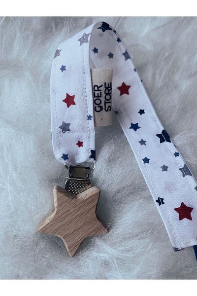 GOER STORE Natural Wooden Star Red Detailed 100% Cotton Fabric Baby Pacifier Strap