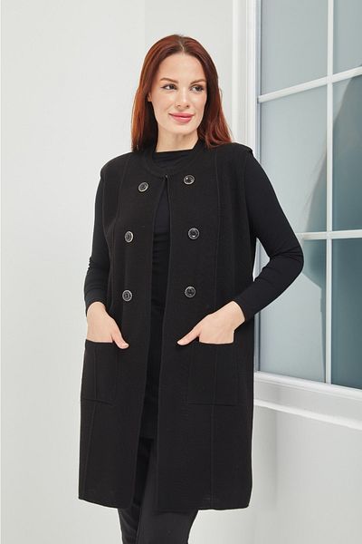 Fresh&Moda Дълга черна жилетка с джобни копчета за майка