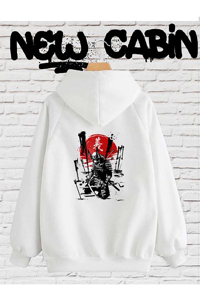 NewCabin Νέα σεζόν Samurai εμπρός-πίσω Samurai Printed White Cotton Kangaroo Pocket Hoodie