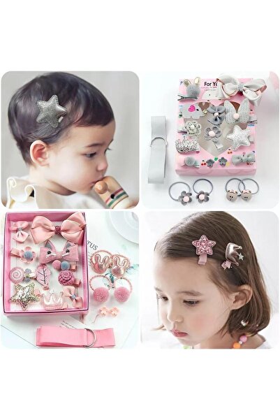 QUEEN AKSESUAR 18 Pieces Bag Boxed Luxury Baby Kids Buckle Strap Set Rubber Collet Bow Glitter Gray