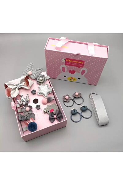 QUEEN AKSESUAR 18 Pieces Bag Boxed Luxury Baby Kids Buckle Strap Set Rubber Collet Bow Glitter Gray