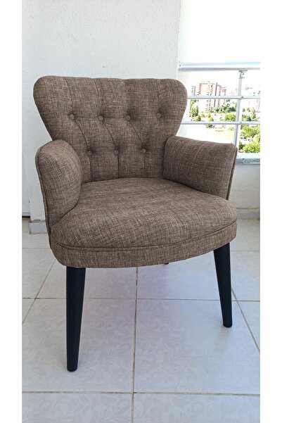 Kayser Home Berjer - Tekli Koltuk - Keten Kumaş - Ahşap Siyah Ayak - Kahverengi