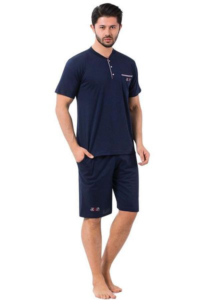 BIES Ανδρικό Navy Blue Cotton (κοντό μανίκι-σορτς) Σετ Πιτζάμες 3 τεμαχίων-Σετ προίκας