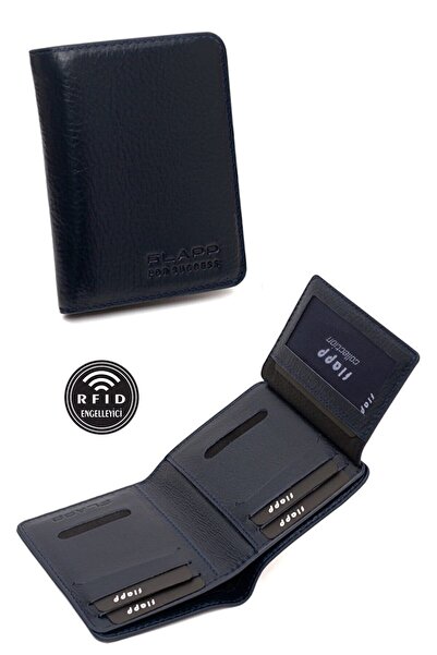 Flapp Hakiki Deri Rfıd Korumalı Lacivert Dikey Cüzdan