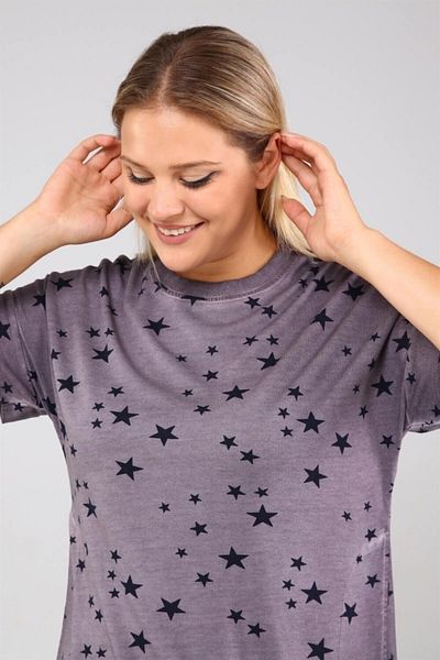 Seamoda Star Printed Side Slits Oil Wash Tshirt-light Purple
