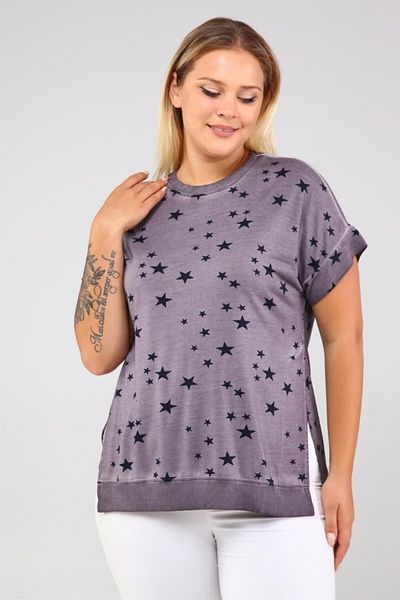 Seamoda Star Printed Side Slits Oil Wash Tshirt-light Purple