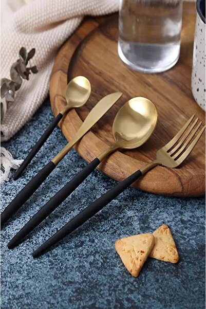DMR LİFE Elite Matte Gold Black Fork Spoon Knife Set 30 Pieces with 6 Person Knives