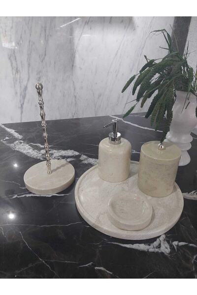 Sümeyra Marble Art Σετ μπάνιου από φυσικό μπεζ μάρμαρο |   5 τεμ |   Ασημί |