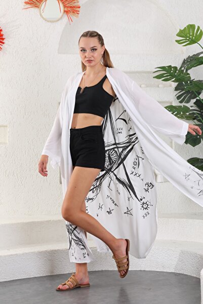 Miss Madly Kadın Beyaz Yıldız Baskılı Kimono Miss123456