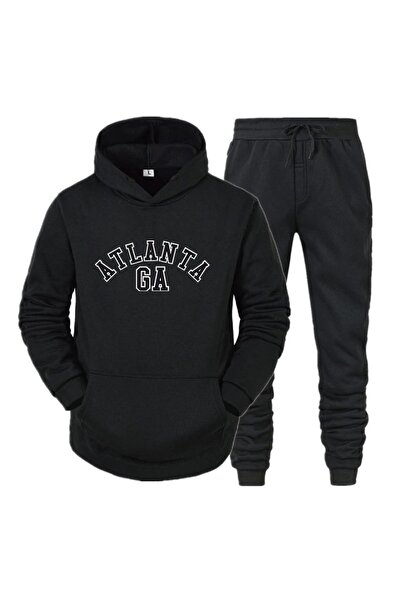 Trend Sizde Unisex Μαύρη κουκούλα φούτερ με 2 νήματα με στάμπα κάτω και επάνω σετ φούτερ