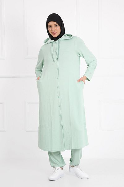 VISHENKA Women's Two Thread Water Green Color Hooded Pocket Snap Closure Plus Size Hijab Suit