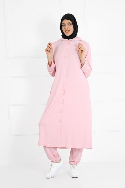 VISHENKA Women's Two Thread Pink Color Hooded Pocket Snap Closure Plus Size Hijab Suit