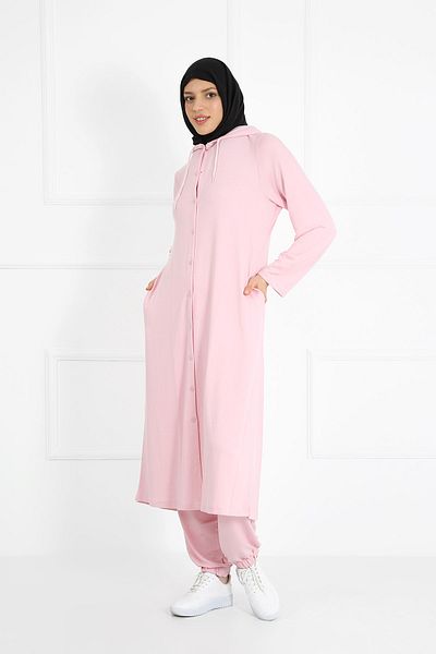 VISHENKA Women's Two Thread Pink Color Hooded Pocket Snap Closure Plus Size Hijab Suit