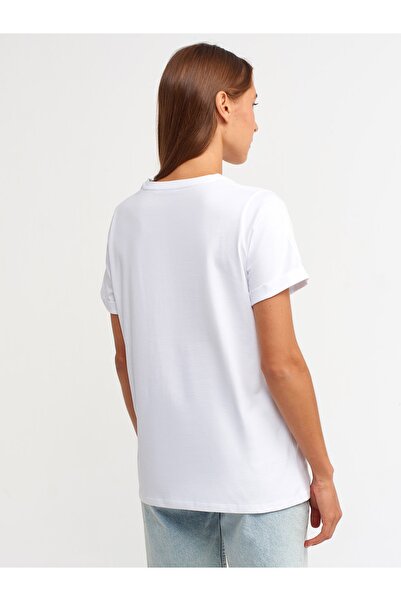 Dilvin 30144 Τυπωμένο Basic T-shirt-λευκό