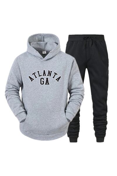 Trend Sizde Unisex Gray Hooded Sweatshirt 2 Thread Raster Printed Bottom and Top Tracksuit Set