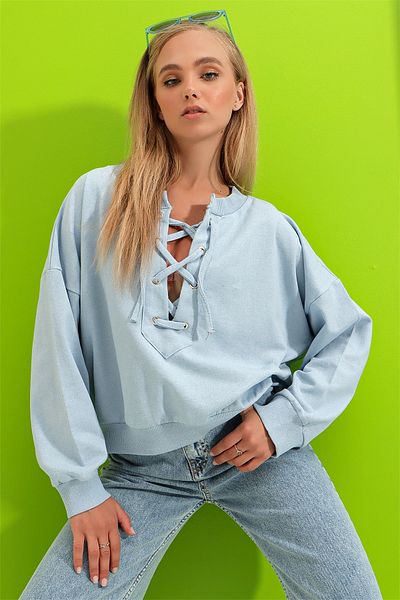 Trend Alaçatı Stili Blaues Oversize-Sweatshirt mit Schnürung für Damen MDA-1029