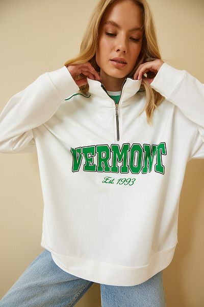 Happiness İstanbul Weißes Damen-Sweatshirt mit Reißverschlusskragen und Aufdruck für die Saison AP00161