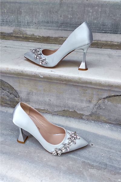 LA CALZATURE Silver Satin 9 Cm Champagne Heeled Star Stone Stiletto Women's Shoes