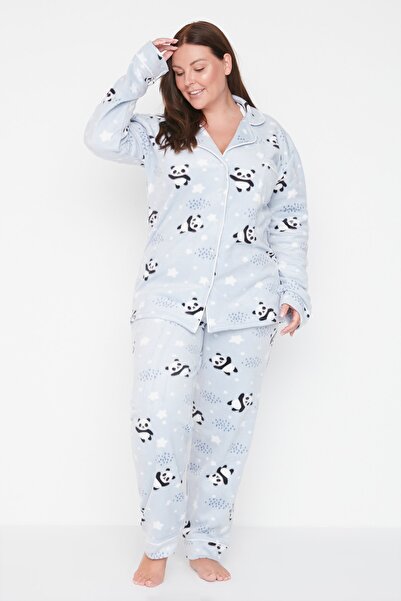 Trendyol Curve Plus Size Pajama Set - Blue - Animal print